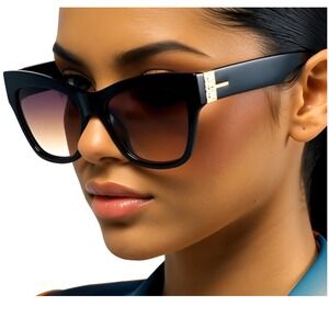 Cat Eye Sunglasses Women Black Gold Accent Fashion Olive Green Lens Gradient New